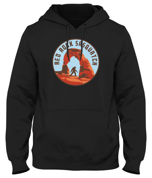 Stay warm and show your love for the Red Rock Sasquatch with this comfortable black pullover hoodie. Ideal for outdoor adventures in Utah.