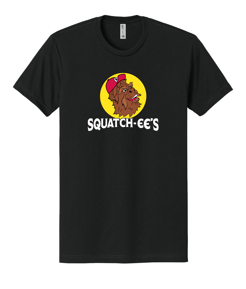 Black Squatch-ee's shirt. Playful Sasquatch design.