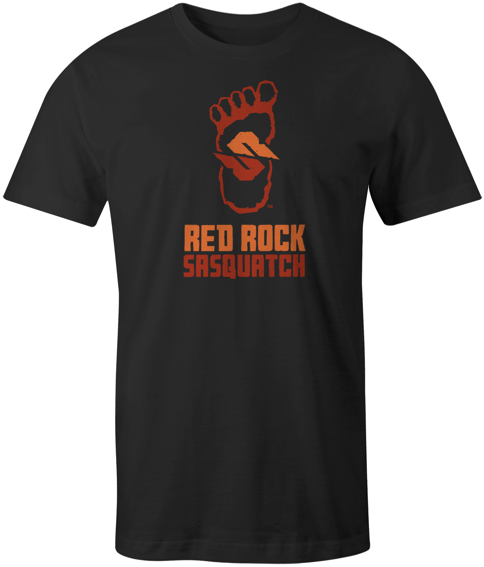 Black short-sleeve t-shirt with the Red Rock Sasquatch stacked logo. A classic and versatile tee.