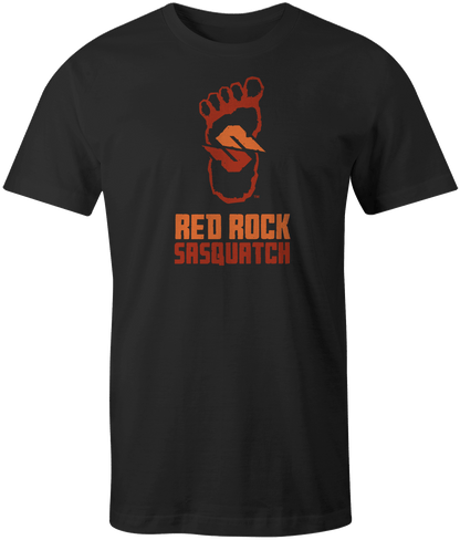 Black short-sleeve t-shirt with the Red Rock Sasquatch stacked logo. A classic and versatile tee.