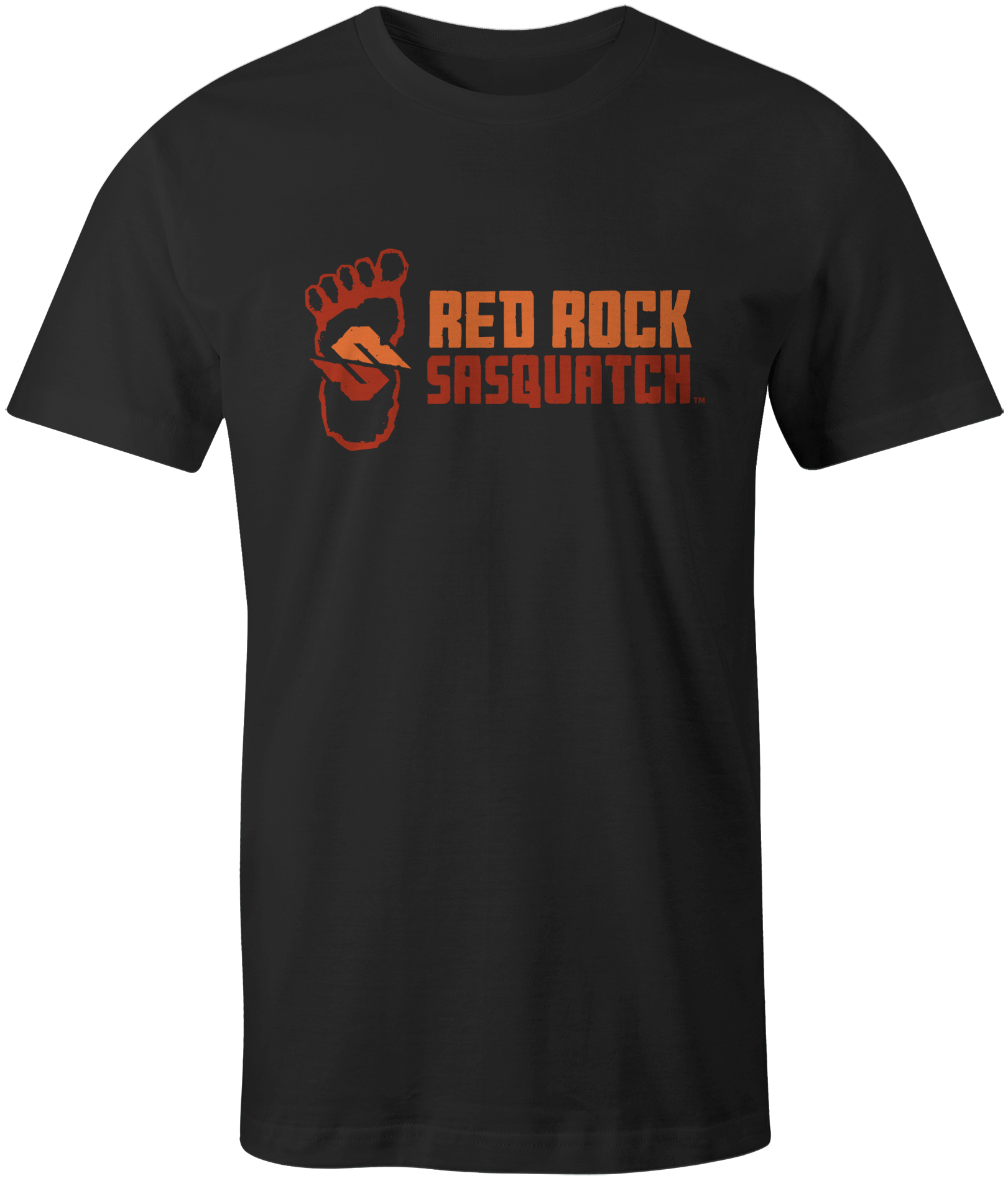 Black Standard Logo Tee. Features the Red Rock Sasquatch footprint and text in a horizontal design.
