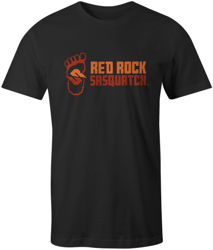 Black Standard Logo Tee. Features the Red Rock Sasquatch footprint and text in a horizontal design.