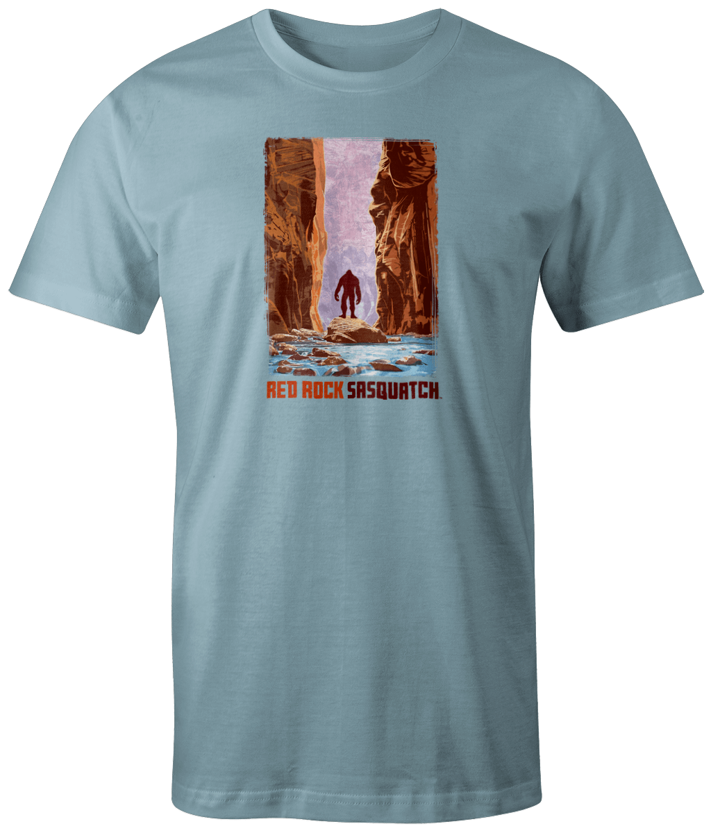 Chambray short-sleeve t-shirt with a Zion Narrows design depicting a Sasquatch within the canyon.