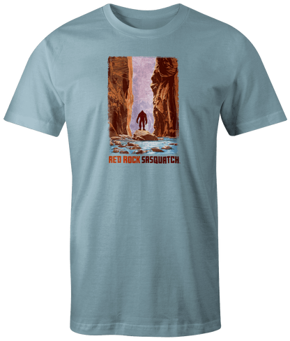 Chambray short-sleeve t-shirt with a Zion Narrows design depicting a Sasquatch within the canyon.