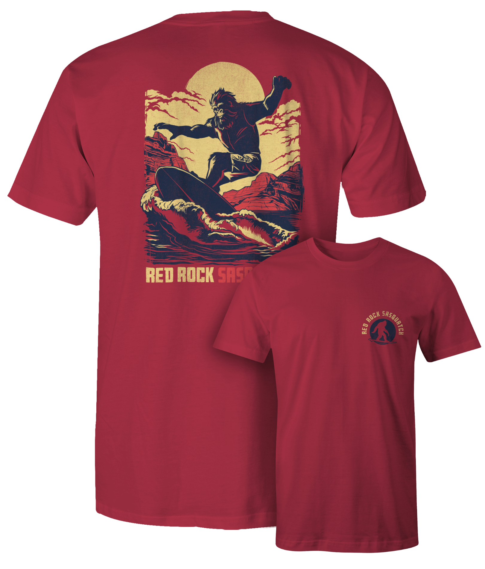 Chili Squatch Surfer t-shirt. Bold design of Sasquatch surfing at Lake Powell. Perfect for adventure seekers.