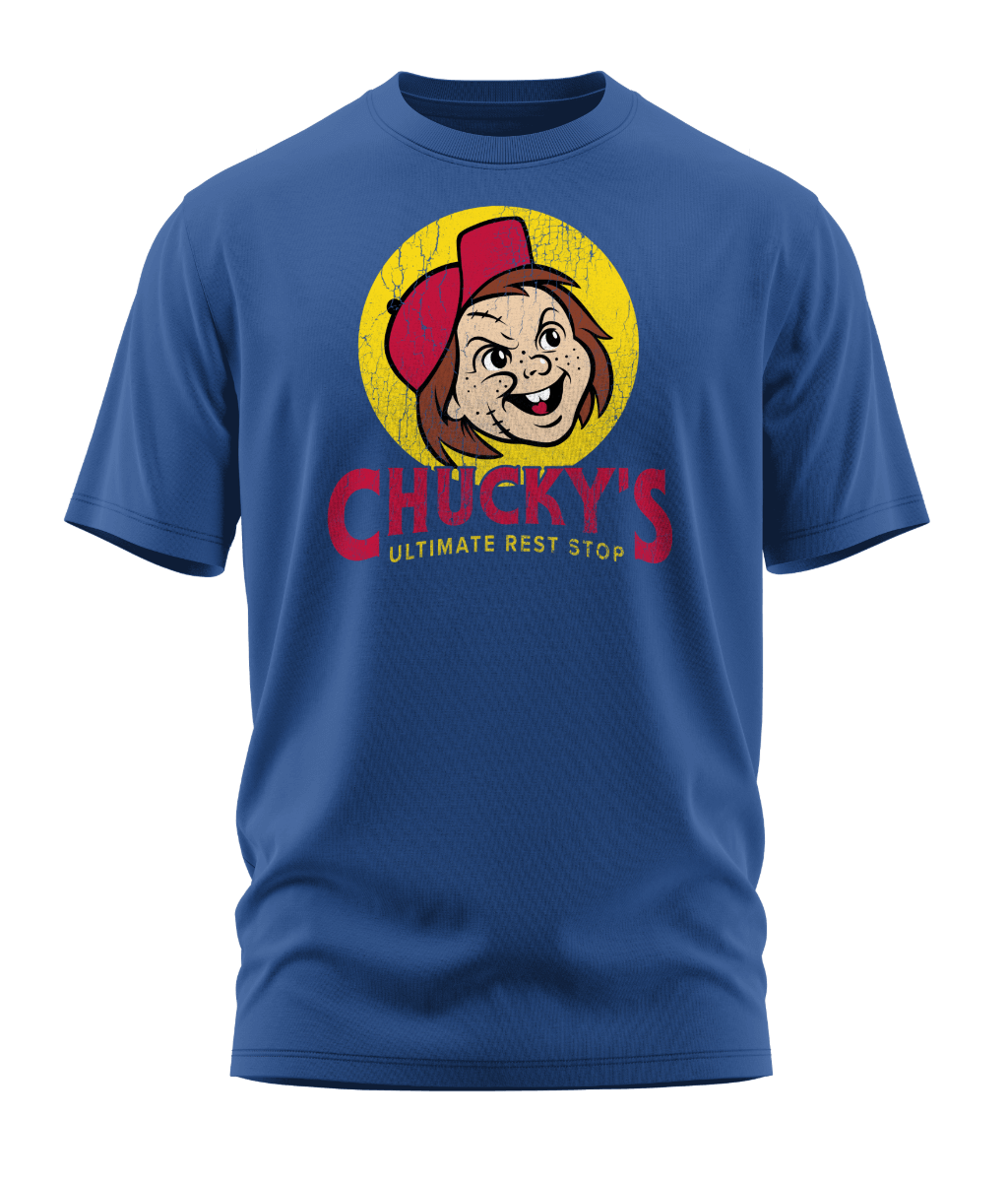 Front view of the cool blue Chucky's Rest Stop Unisex T-Shirt from Shirts Of Legend. The graphic is a funny horror movie parody of the Buc-ee's logo, featuring a distressed illustration of Chucky's face in a red hat inside a yellow circle with the text "Chucky's Ultimate Rest Stop."