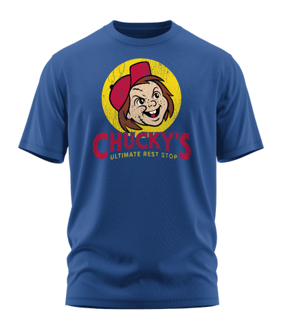 Front view of the cool blue Chucky's Rest Stop Unisex T-Shirt from Shirts Of Legend. The graphic is a funny horror movie parody of the Buc-ee's logo, featuring a distressed illustration of Chucky's face in a red hat inside a yellow circle with the text "Chucky's Ultimate Rest Stop."