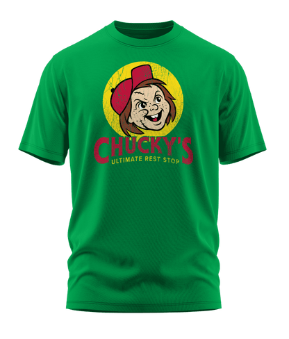 Front view of the kelly green Chucky's Rest Stop Unisex T-Shirt from Shirts Of Legend. The graphic is a funny horror movie parody of the Buc-ee's logo, featuring a distressed illustration of Chucky's face in a red hat inside a yellow circle with the text "Chucky's Ultimate Rest Stop."