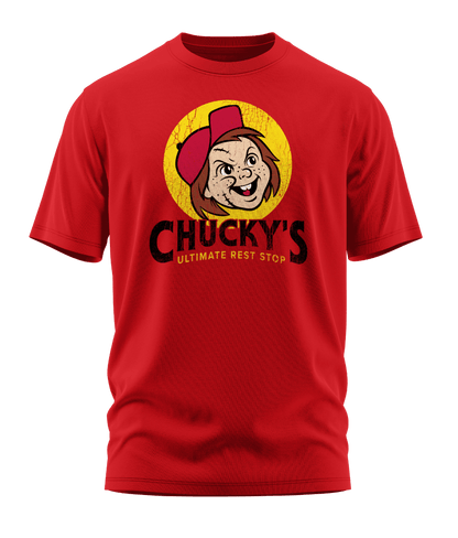 Front view of the red Chucky's Rest Stop Unisex T-Shirt from Shirts Of Legend. The graphic is a funny horror movie parody of the Buc-ee's logo, featuring a distressed illustration of Chucky's face in a red hat inside a yellow circle with the text "Chucky's Ultimate Rest Stop."