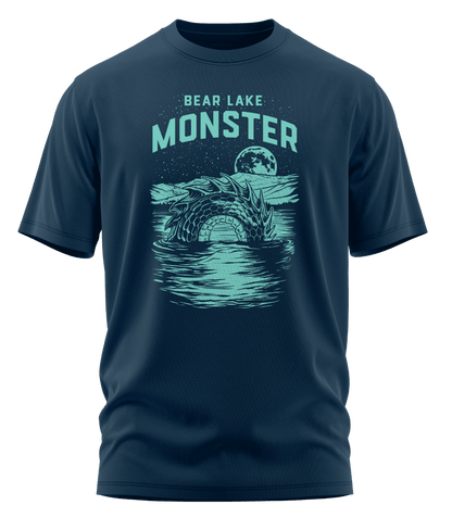 Cool blue Bear Lake Monster t-shirt. Unique design of a mythical creature in a lake setting.