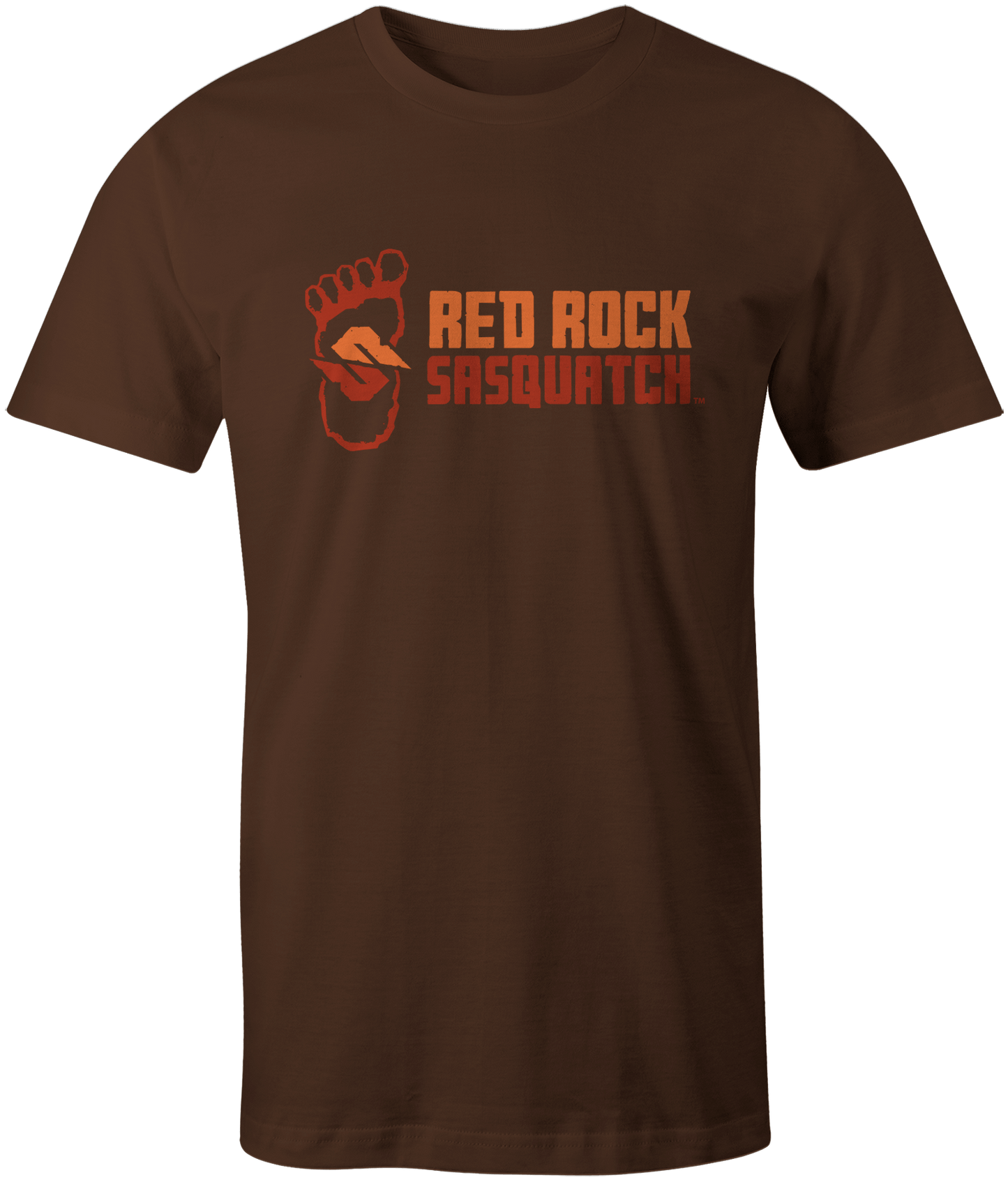 Dark chocolate Standard Logo Tee. Showcases the Red Rock Sasquatch design with the footprint and name aligned horizontally.