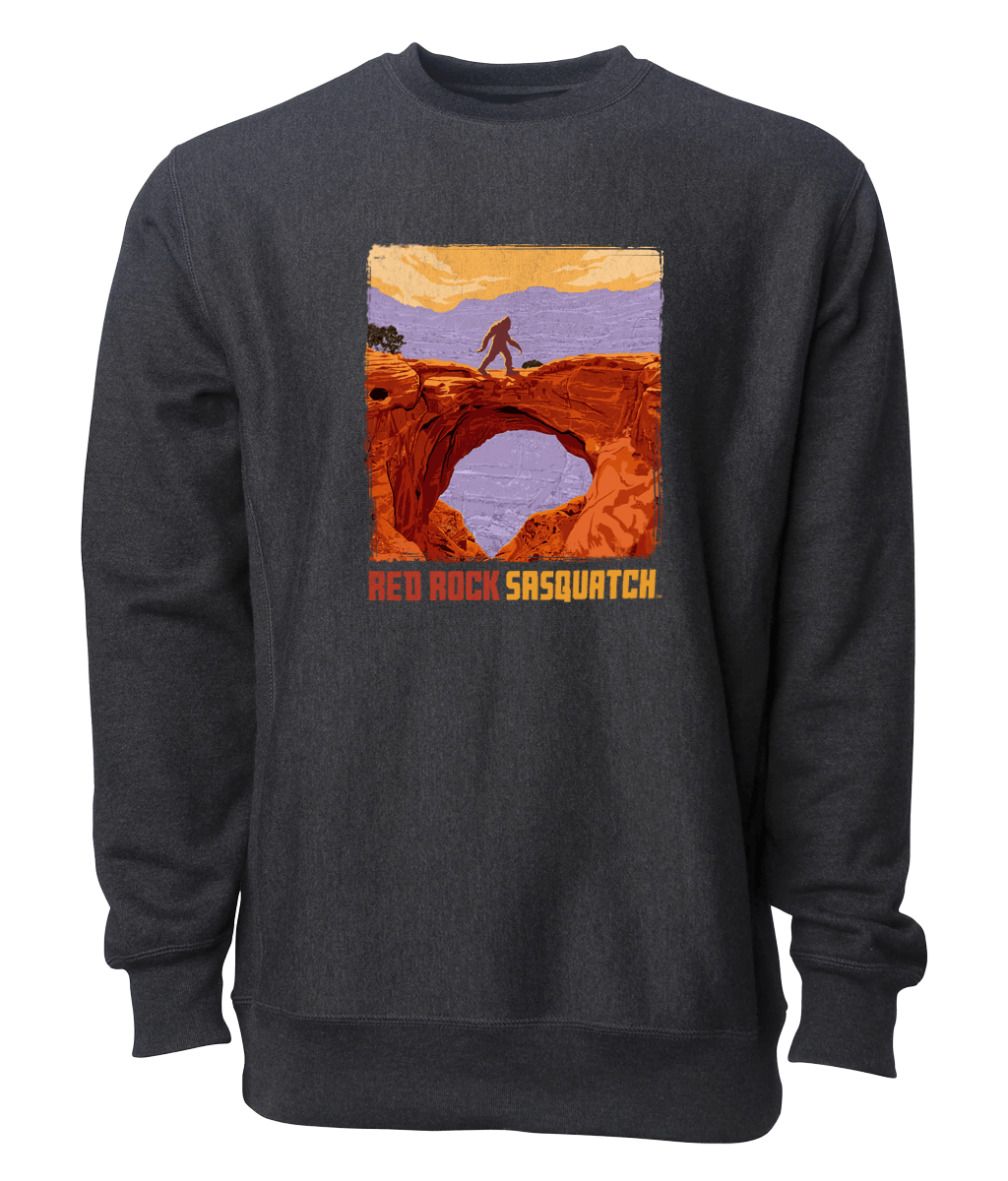 This dark heather crewneck sweatshirt showcases a Sasquatch silhouette against the Capitol Reef landscape. A comfortable and stylish way to show your love for Utah's wilderness.