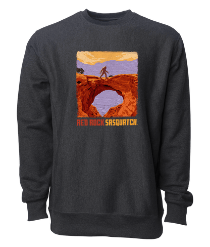 This dark heather crewneck sweatshirt showcases a Sasquatch silhouette against the Capitol Reef landscape. A comfortable and stylish way to show your love for Utah's wilderness.