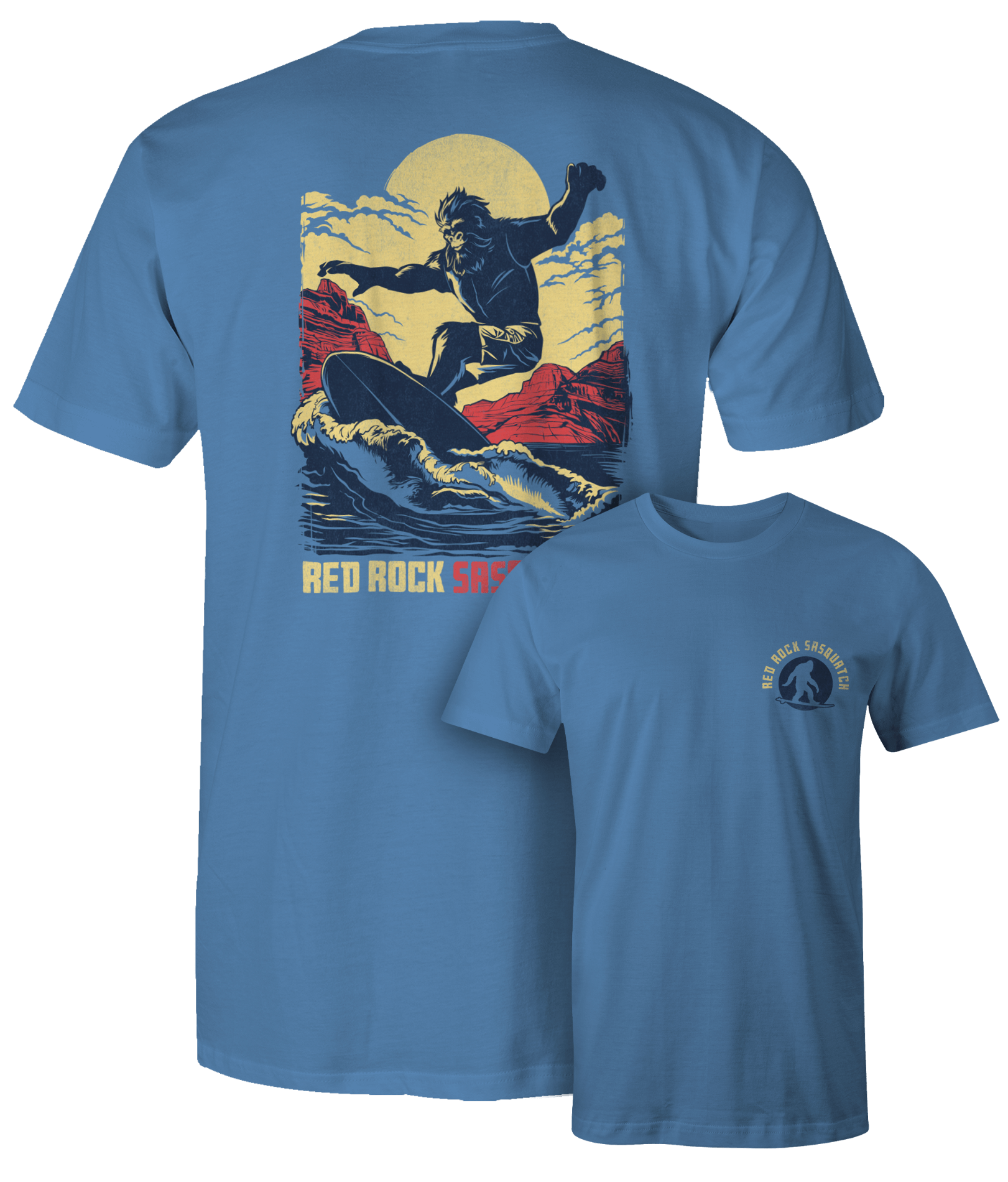 Flo Blue Squatch Surfer t-shirt. Vibrant color and Sasquatch surfing design. A must-have for Lake Powell fans.