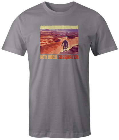 Grey short-sleeve t-shirt displaying a Sasquatch within the iconic vistas of Canyonlands National Park.