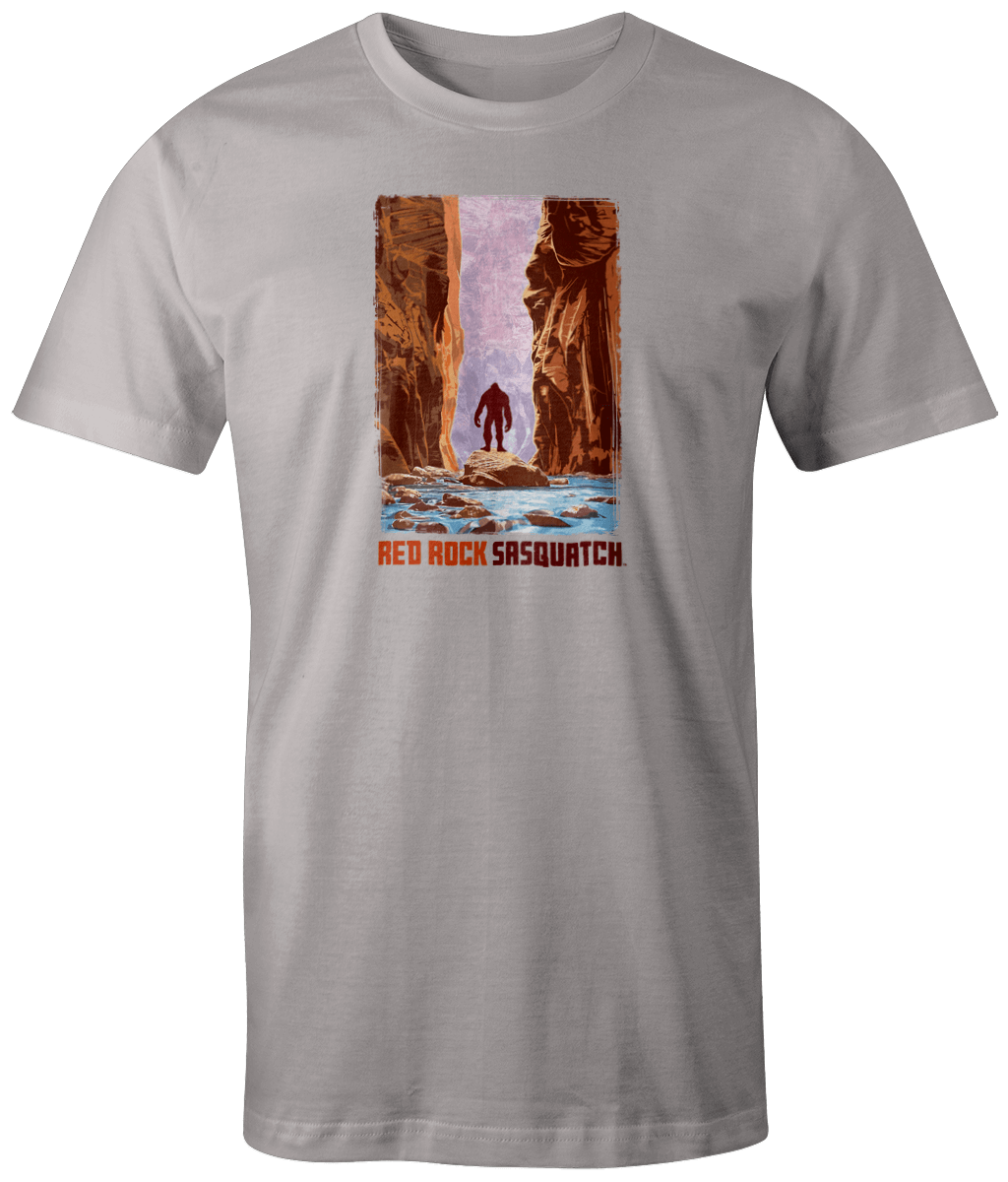 Ivory short-sleeve t-shirt with a unique Zion Narrows graphic featuring a Sasquatch in the waterway.