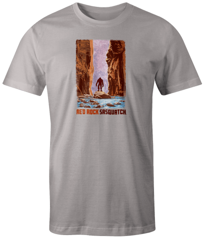 Ivory short-sleeve t-shirt with a unique Zion Narrows graphic featuring a Sasquatch in the waterway.