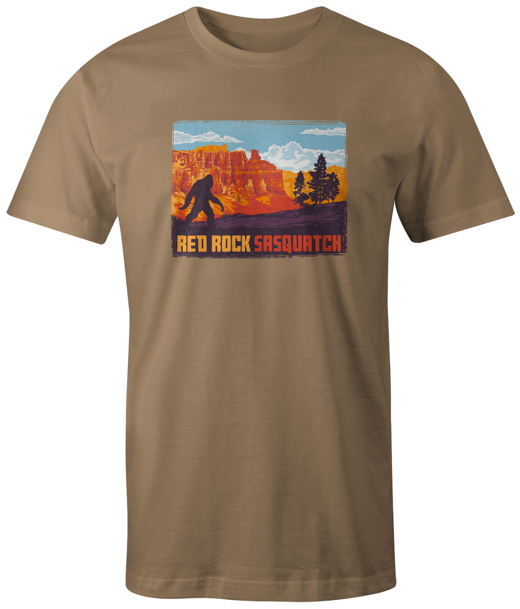 Khaki short-sleeve t-shirt showcasing a Sasquatch figure amongst the iconic formations of Bryce Canyon.