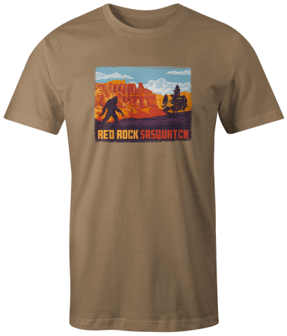 Khaki short-sleeve t-shirt showcasing a Sasquatch figure amongst the iconic formations of Bryce Canyon.