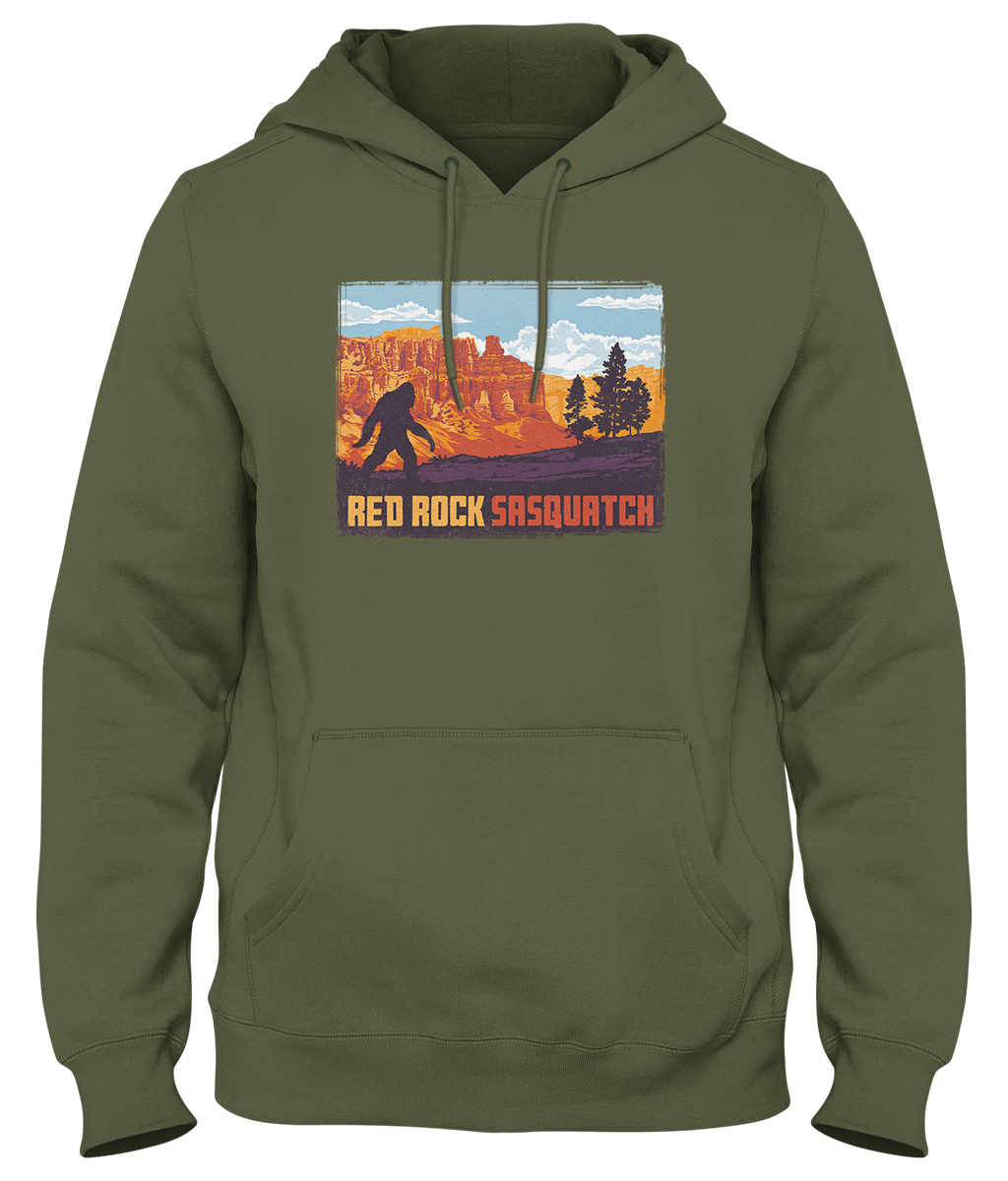 This military green hoodie features a Sasquatch trekking through Bryce Canyon. Ideal for outdoor enthusiasts and fans of the mysterious.