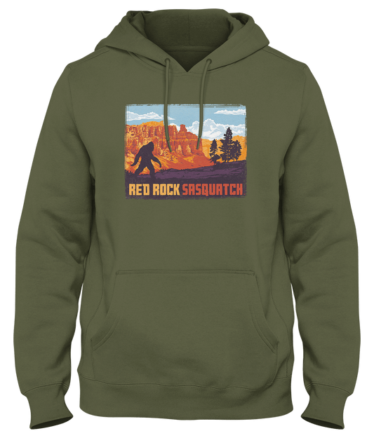 This military green hoodie features a Sasquatch trekking through Bryce Canyon. Ideal for outdoor enthusiasts and fans of the mysterious.