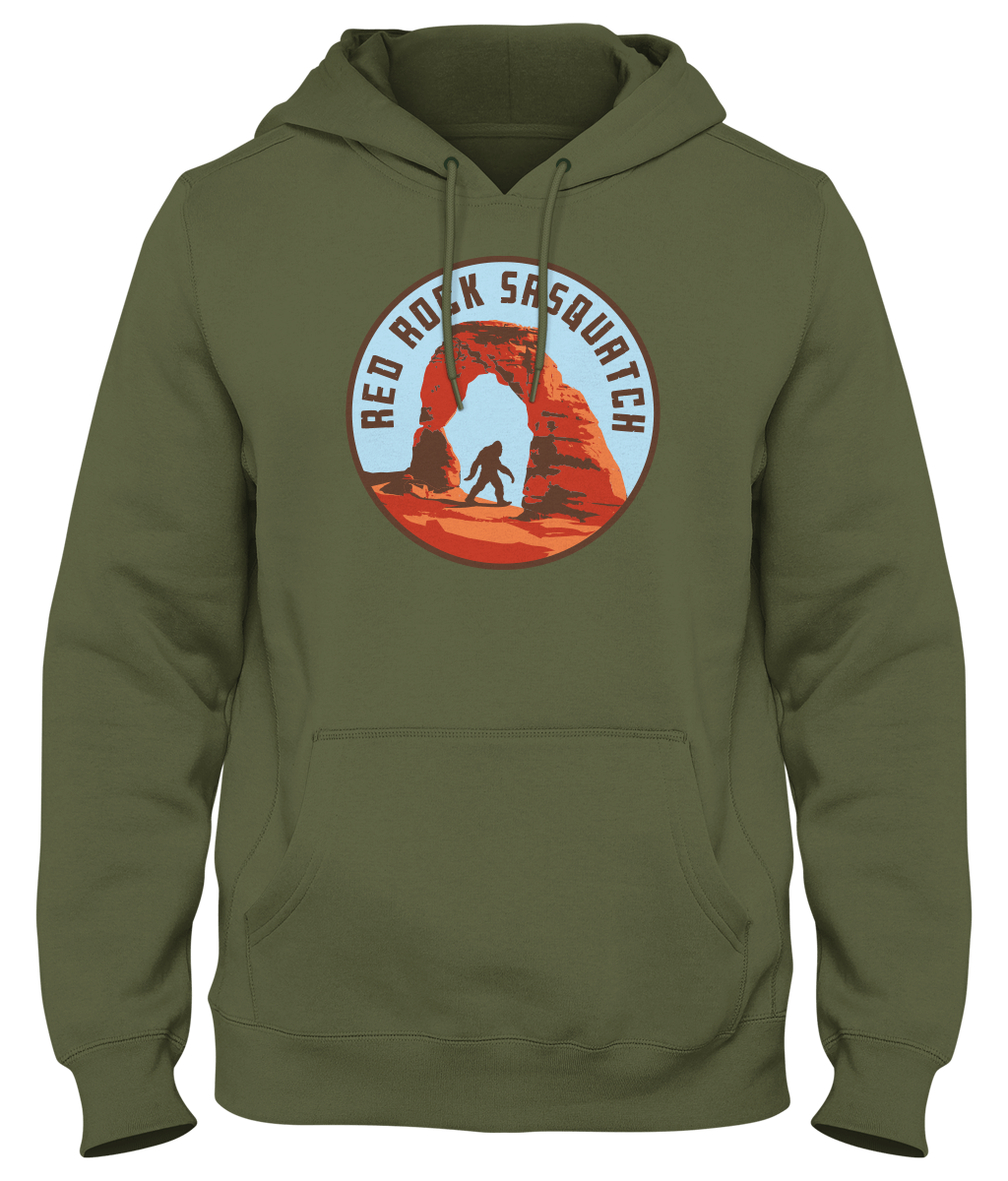 Embrace the outdoors with this military green Red Rock Sasquatch hoodie. Perfect for exploring Utah's national parks and beyond.