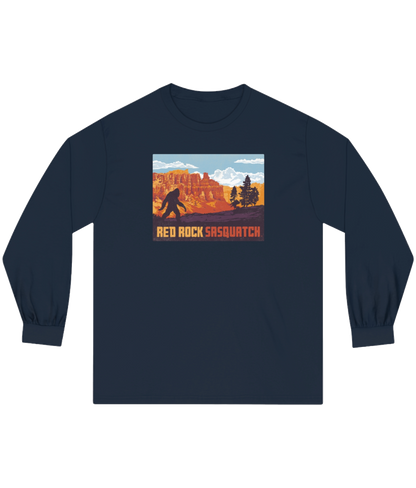 Navy long-sleeve Bryce Canyon tee. Depicts a Sasquatch figure in a Bryce Canyon scene.
