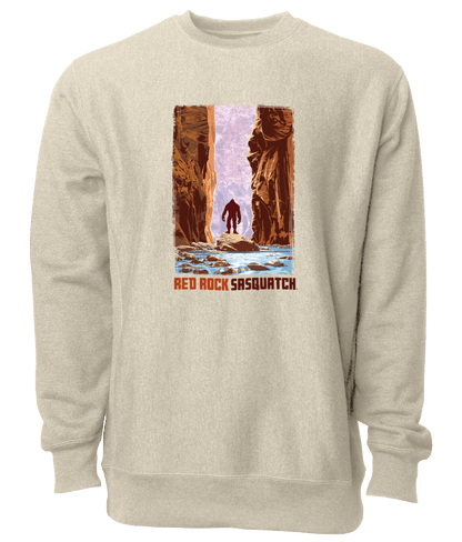 This Oatmeal Heather-colored crewneck sweatshirt showcases a Sasquatch wading through The Narrows in Zion National Park. Ideal for outdoor adventures and casual wear.