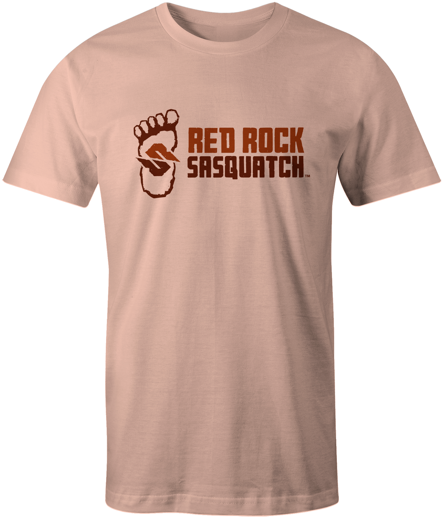 Pale pink Standard Logo Tee. Features the Red Rock Sasquatch logo with the footprint and text arranged horizontally.