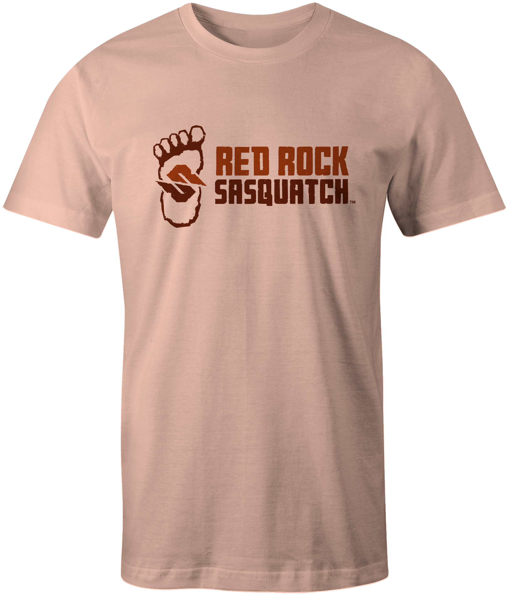 Pale pink Standard Logo Tee. Features the Red Rock Sasquatch logo with the footprint and text arranged horizontally.