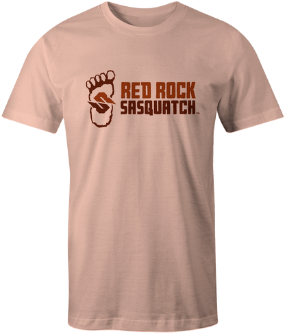 Pale pink Standard Logo Tee. Features the Red Rock Sasquatch logo with the footprint and text arranged horizontally.
