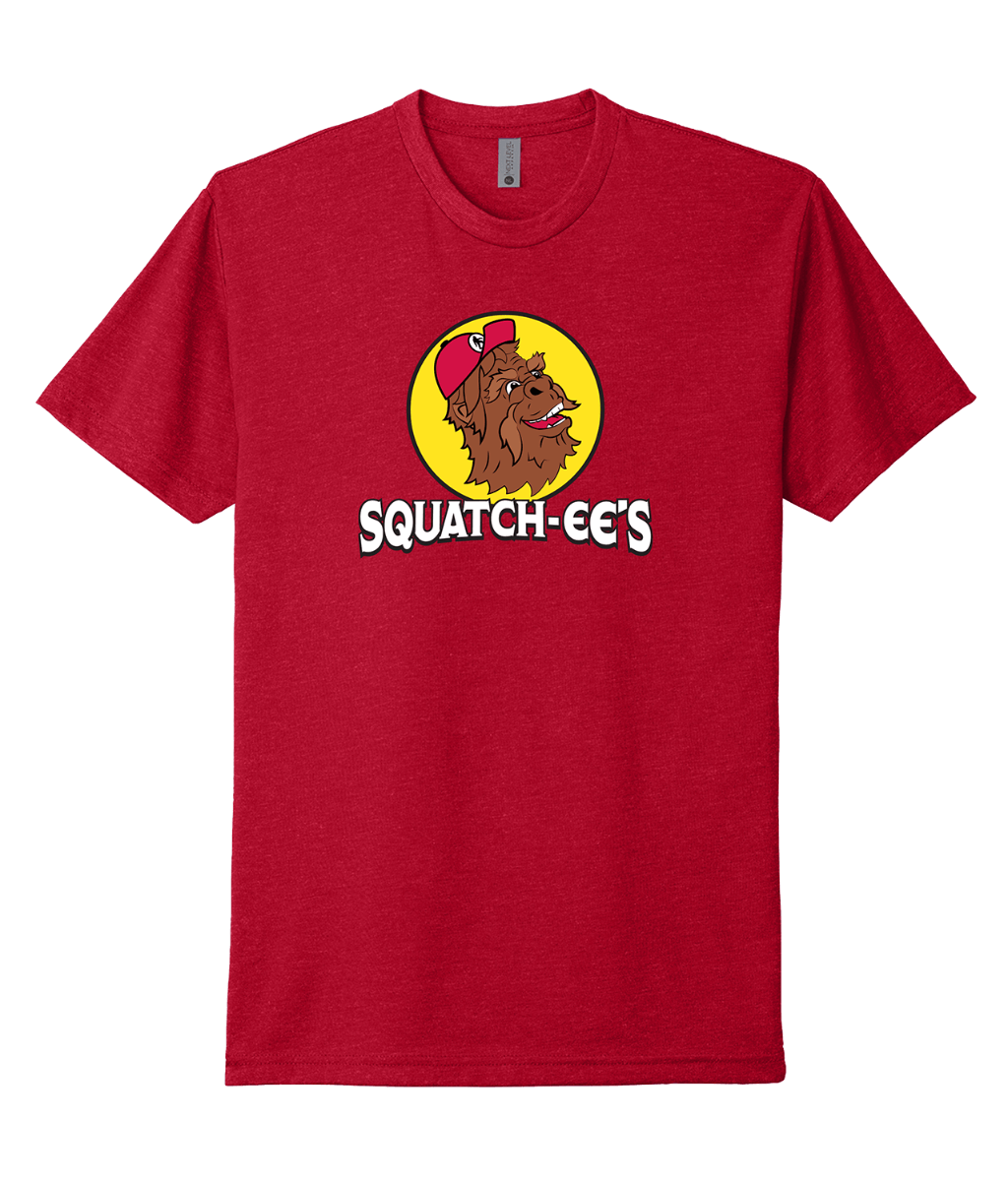 Red Squatch-ee's shirt. Bold and eye-catching tee.