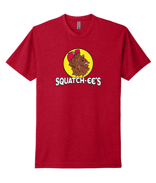 Red Squatch-ee's shirt. Bold and eye-catching tee.