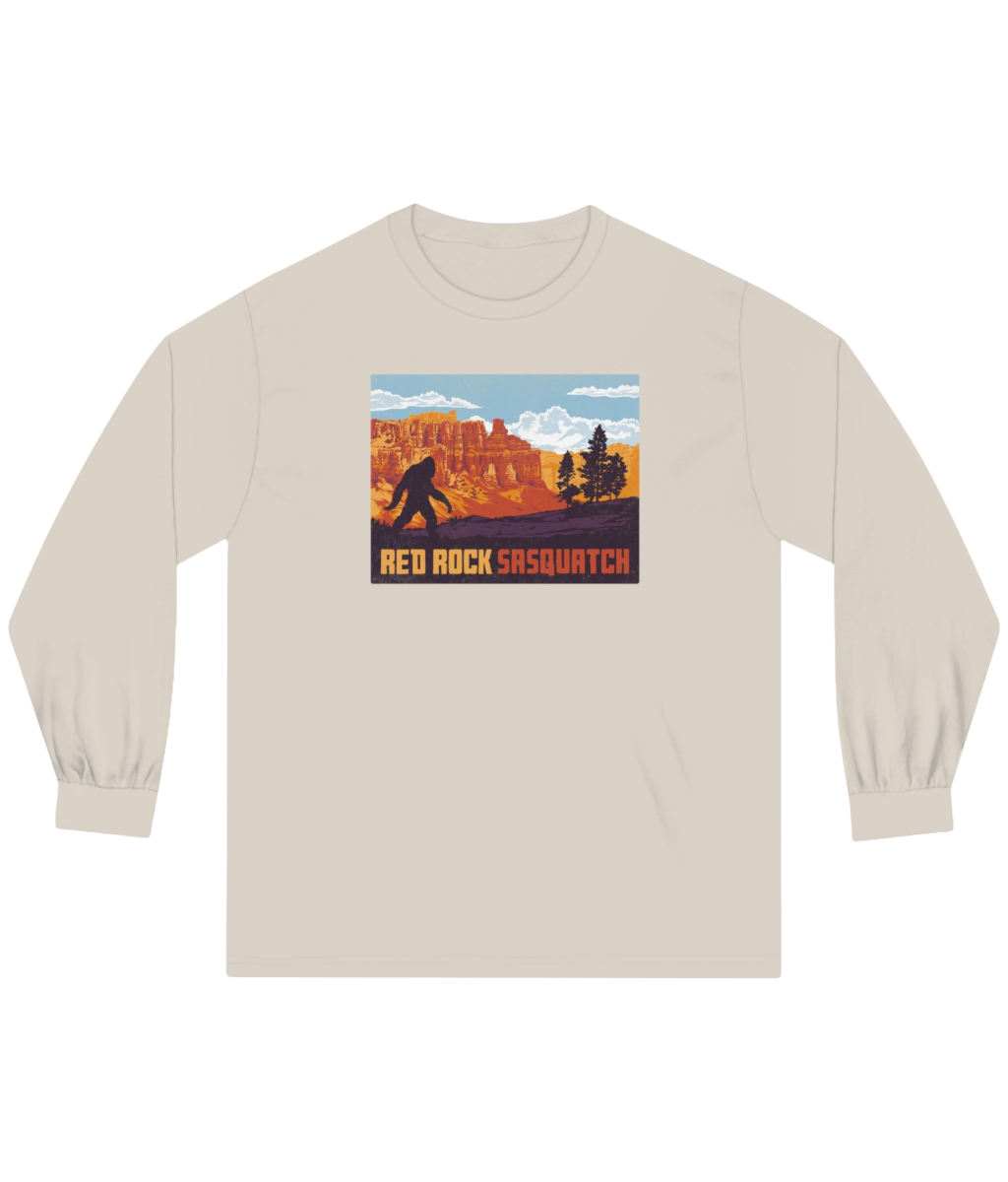 Sand-colored long-sleeve Bryce Canyon tee. Features a Sasquatch graphic against the backdrop of Bryce Canyon.