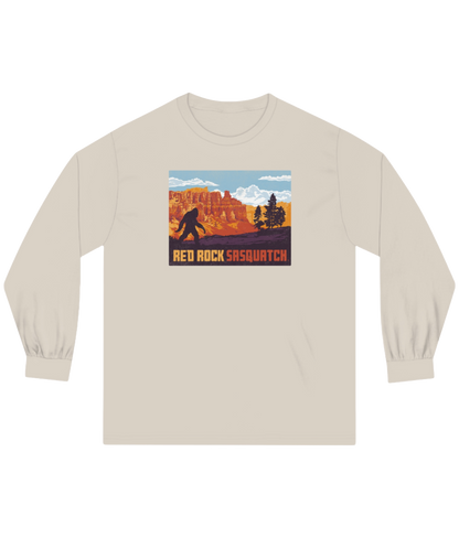 Sand-colored long-sleeve Bryce Canyon tee. Features a Sasquatch graphic against the backdrop of Bryce Canyon.