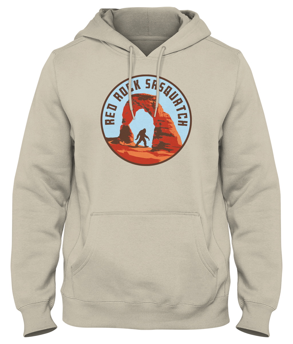 This sand-colored pullover hoodie blends in with Utah's landscapes while showcasing the legendary Red Rock Sasquatch.