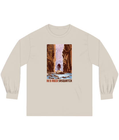 Sand-colored Zion Narrows Long-Sleeve Tee. Features a Sasquatch graphic within the narrow canyon setting of The Narrows.