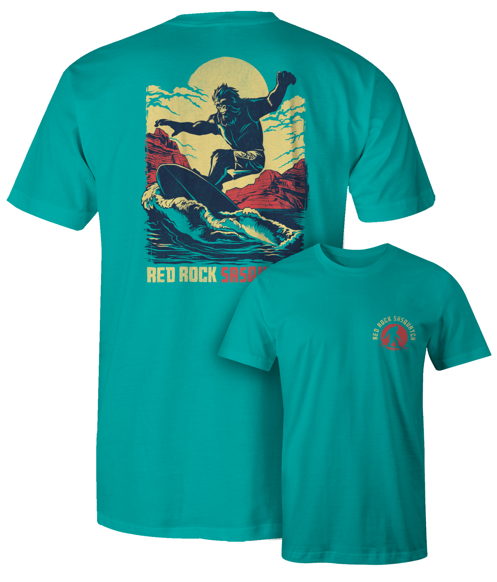 Seafoam Squatch Surfer t-shirt. Features Sasquatch surfing a wave at Lake Powell. Unique design for outdoor enthusiasts.