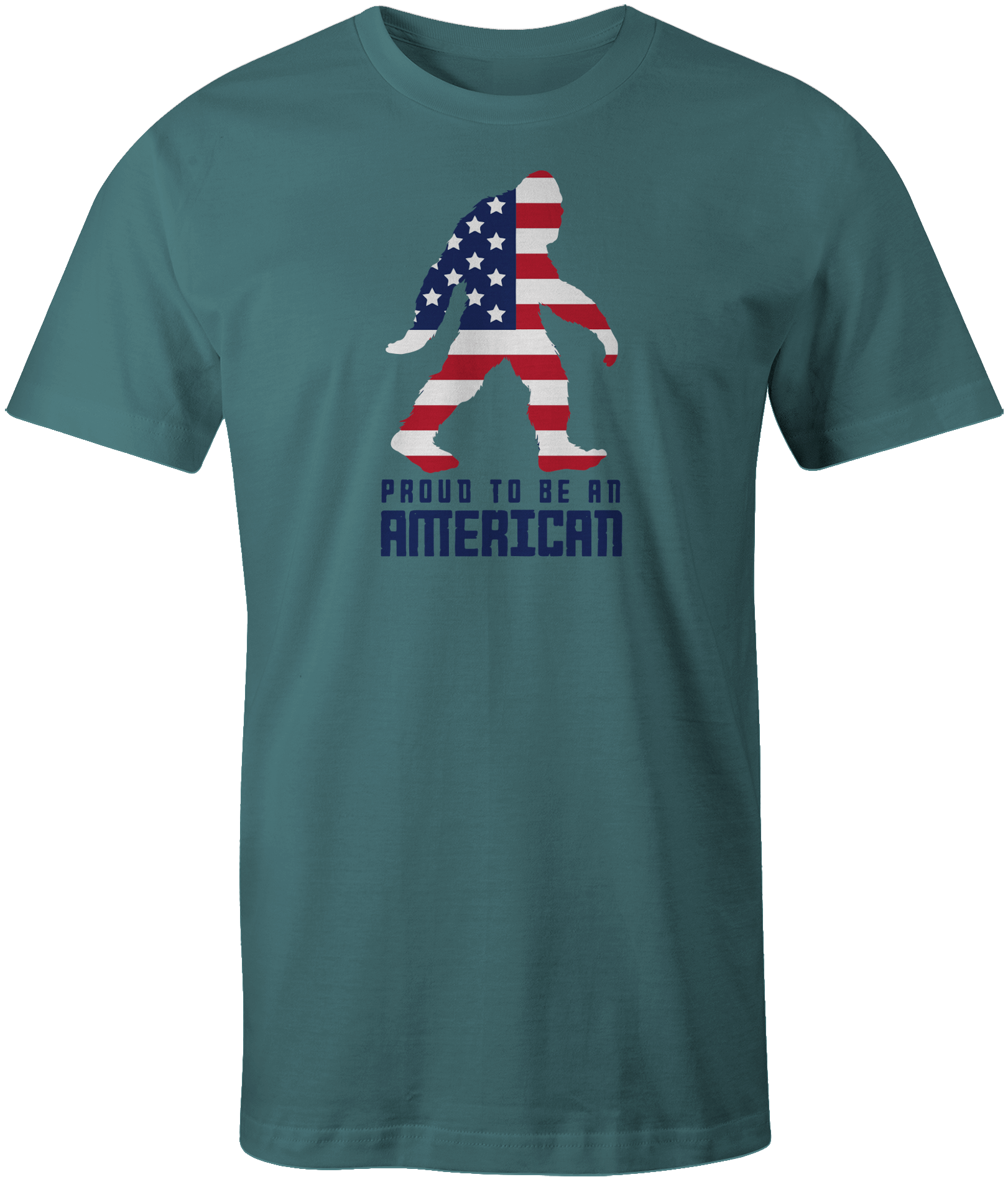 Slate blue American Legend Unisex Tee. Features a Sasquatch silhouette in the colors of the American flag and the phrase 'Proud To Be An American.' A unique and patriotic tee.