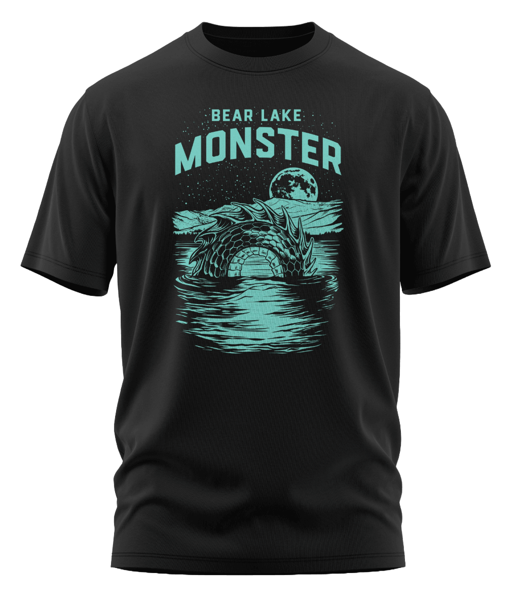 Solid black Bear Lake Monster t-shirt. Features a lake monster design with a Sasquatch-like figure.