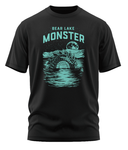 Solid black Bear Lake Monster t-shirt. Features a lake monster design with a Sasquatch-like figure.