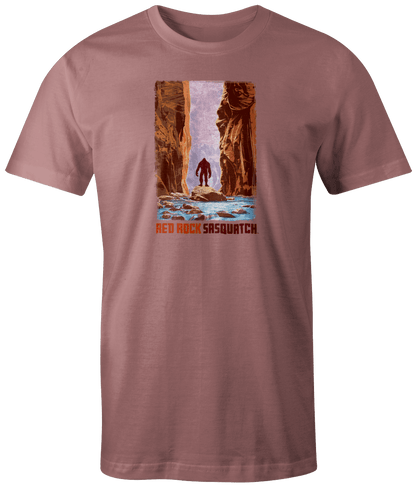 Terracotta short-sleeve t-shirt displaying a Sasquatch in the dramatic scenery of The Narrows, Zion National Park.