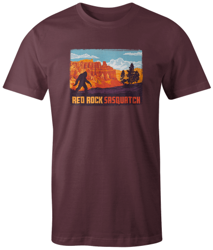 Vineyard-colored short-sleeve tee displaying a Sasquatch in the dramatic scenery of Bryce Canyon.