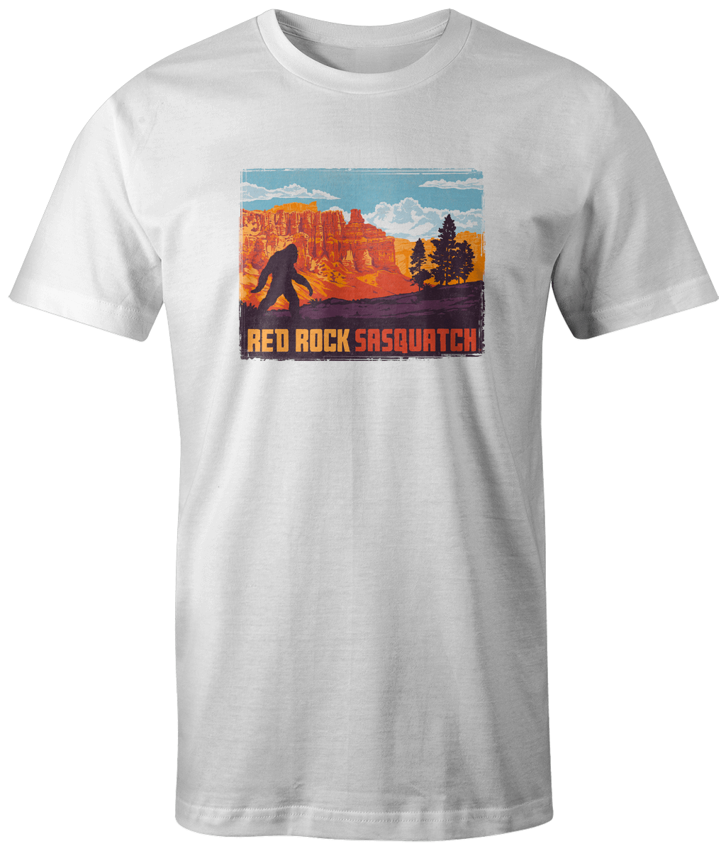 White short-sleeve tee with a unique design of Sasquatch within the Bryce Canyon landscape.