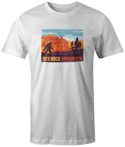 White short-sleeve tee with a unique design of Sasquatch within the Bryce Canyon landscape.