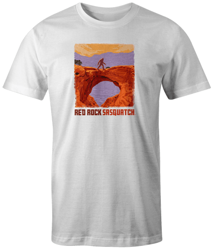 White short-sleeve tee with a unique design of Sasquatch at a scenic overlook in Capitol Reef.