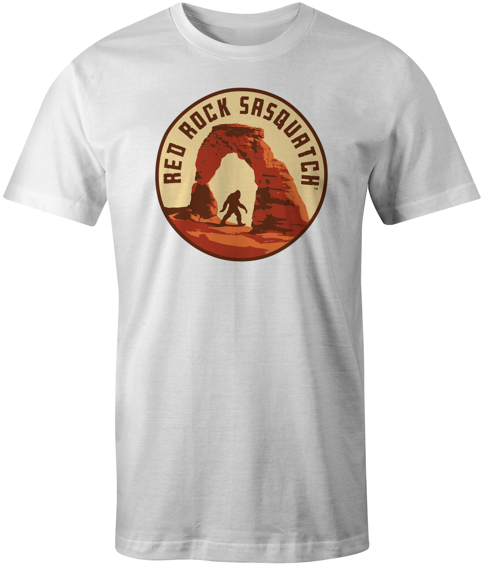 White Icon Tee - Delicate Arch short-sleeve t-shirt. Showcases a circular design of Delicate Arch in Arches National Park with a Sasquatch.