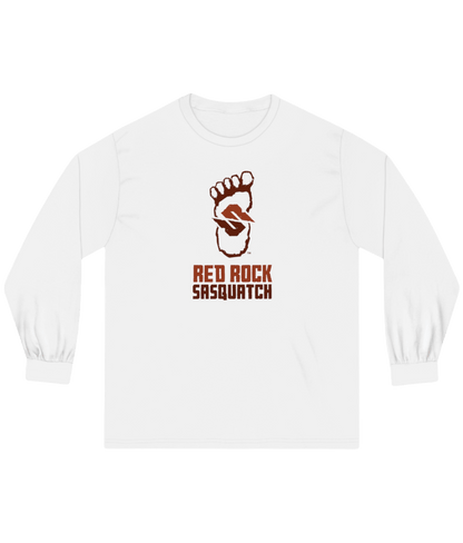 White long-sleeve Red Rock Sasquatch tee. Showcases the Red Rock Sasquatch design. A clean and simple long-sleeve shirt.
