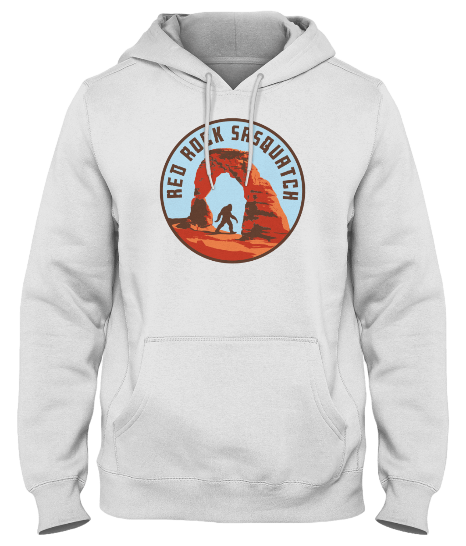 Stylish white pullover hoodie featuring the iconic Red Rock Sasquatch design. Perfect for hikers and nature lovers exploring Utah's Delicate Arch.