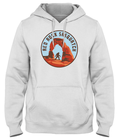 Stylish white pullover hoodie featuring the iconic Red Rock Sasquatch design. Perfect for hikers and nature lovers exploring Utah's Delicate Arch.